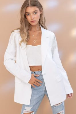 Happy Hour WHITE Blazer | Rhinestone Fringe Embellished Jacket