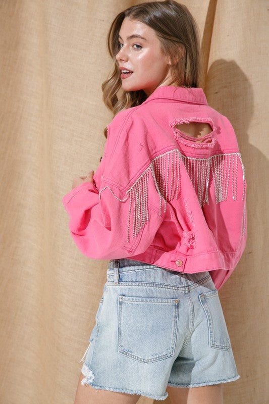 Icy Bee Denim Jacket in PINK | Rhinestone Fringe Jean Jacket